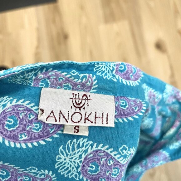 Anokhi Paisley Split-Neck 3/4 Sleeve Blouse Top Turquoise size Small - Picture 7 of 8